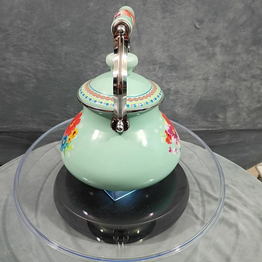 Pioneer Woman Breezy Blossom Enamel on Steel Tea Kettle Mint Green Floral 1.9L
